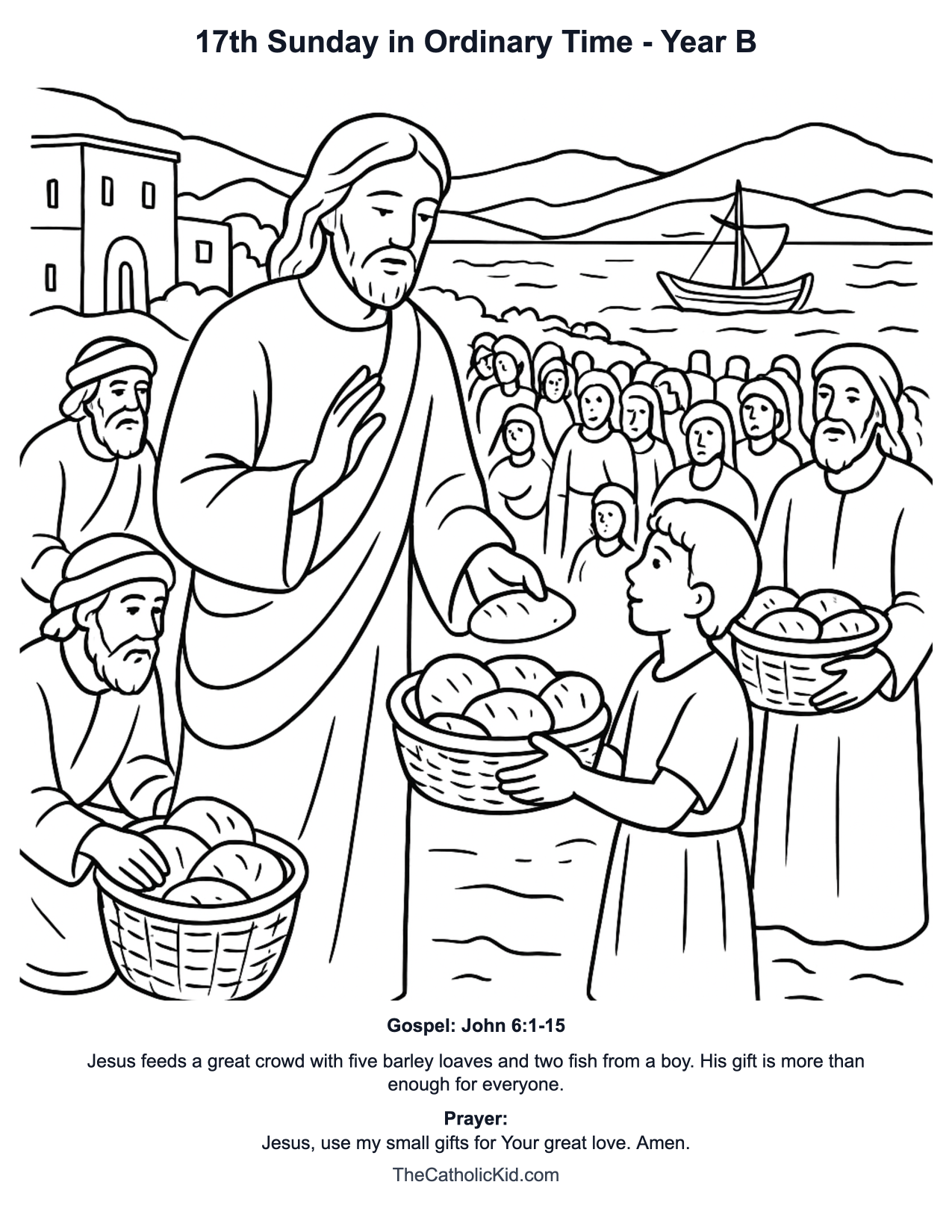 17th Sunday in Ordinary Time Year B Catholic Lectionary Coloring Page based on John 6:1-15