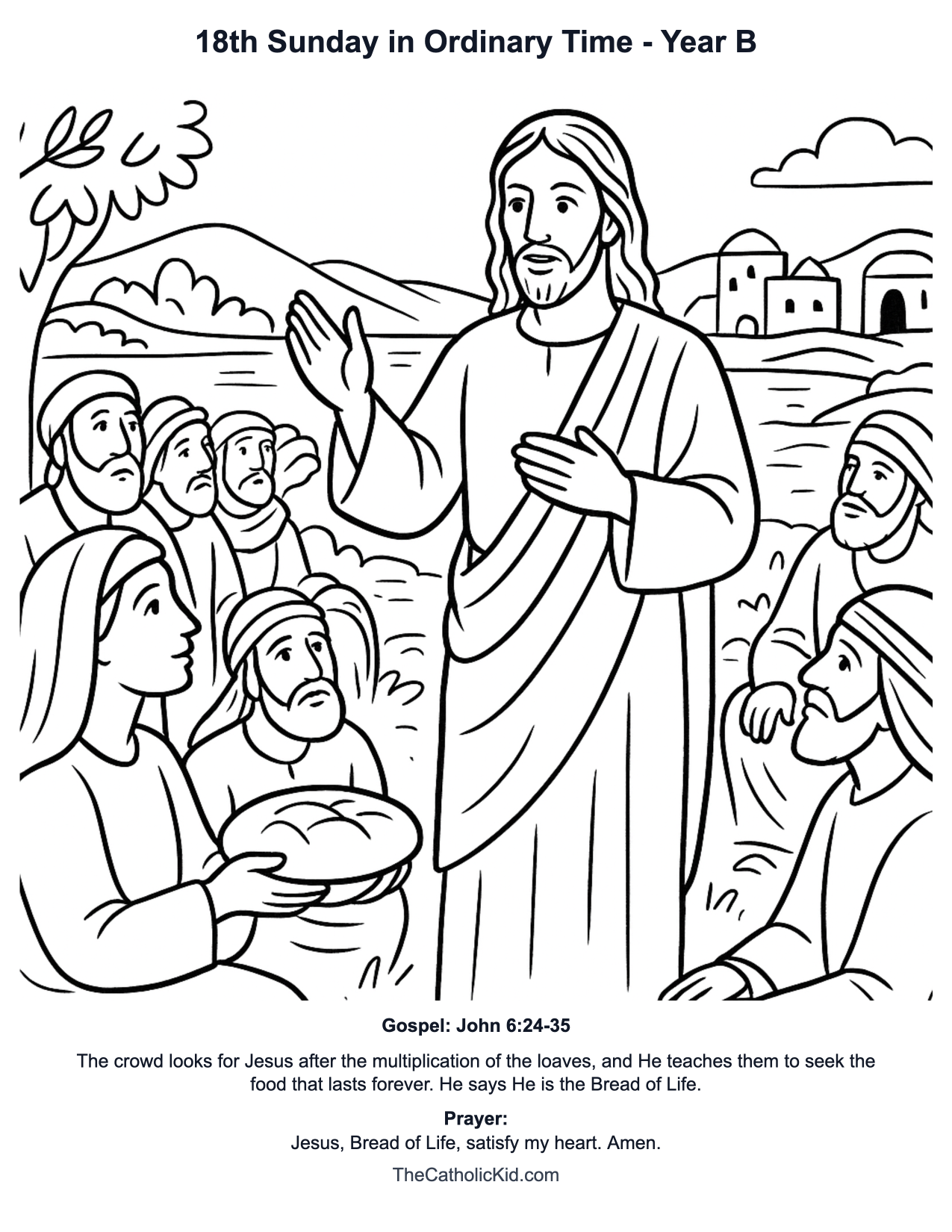 18th Sunday in Ordinary Time Year B Catholic Lectionary Coloring Page based on John 6:24-35