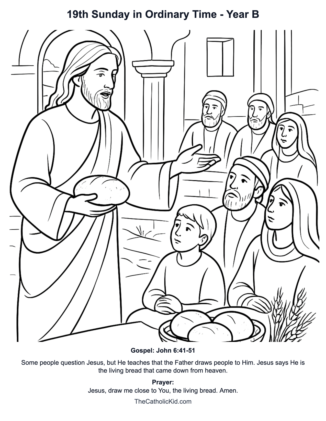 19th Sunday in Ordinary Time Year B Catholic Lectionary Coloring Page based on John 6:41-51