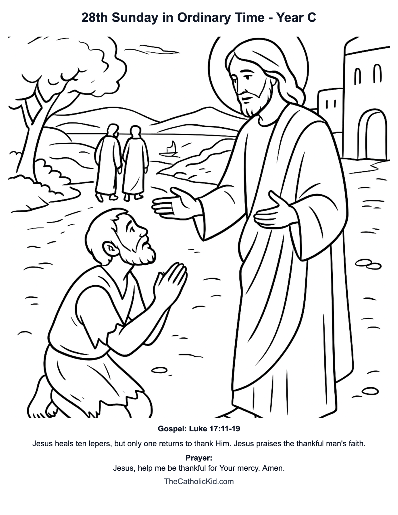 28th Sunday in Ordinary Time Year C Catholic Lectionary Coloring Page based on Luke 17:11-19