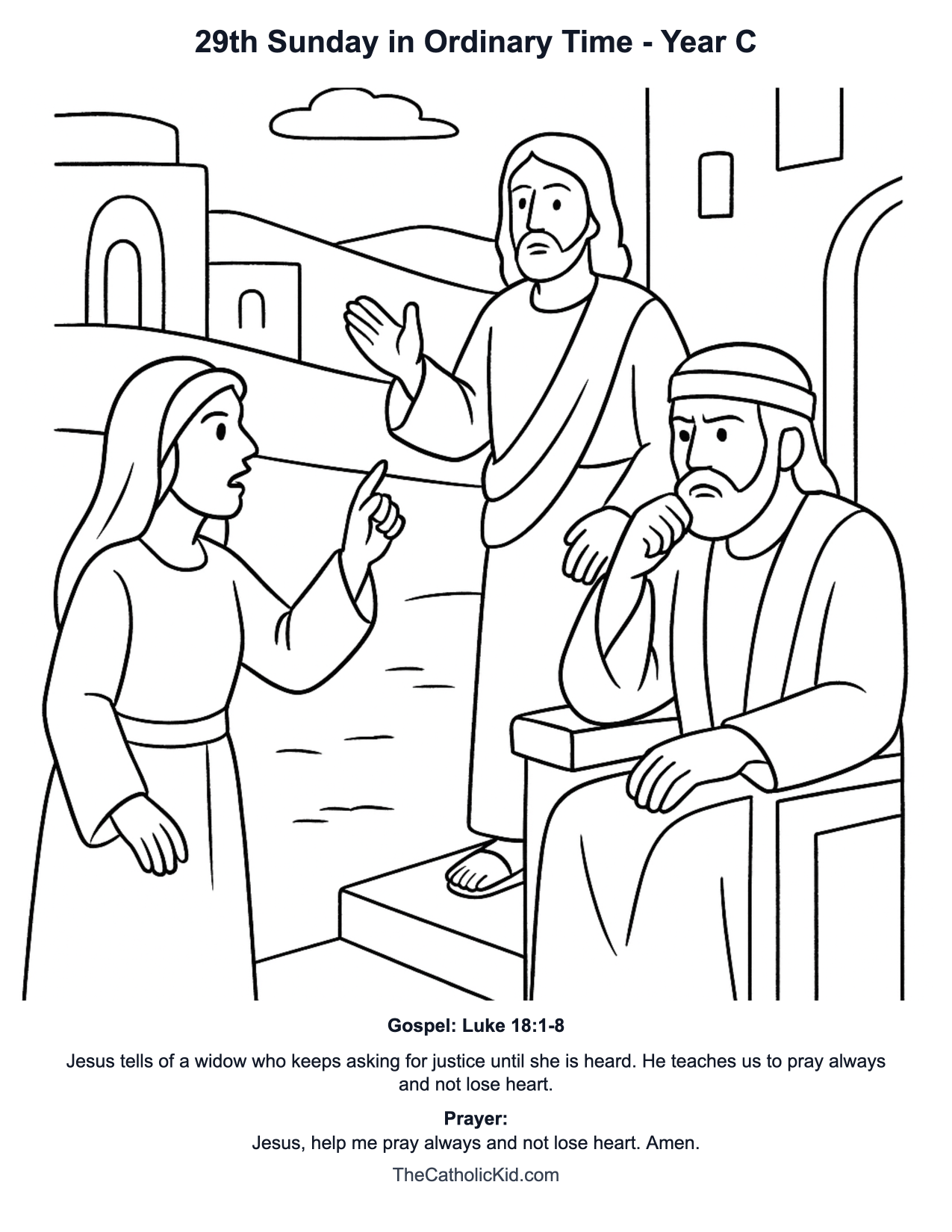 29th Sunday in Ordinary Time Year C Catholic Lectionary Coloring Page based on Luke 18:1-8