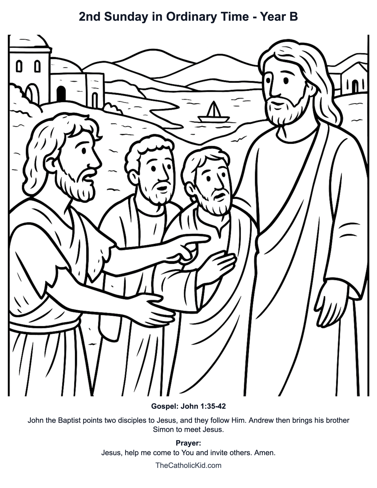 2nd Sunday in Ordinary Time Year B Catholic Lectionary Coloring Page based on John 1:35-42