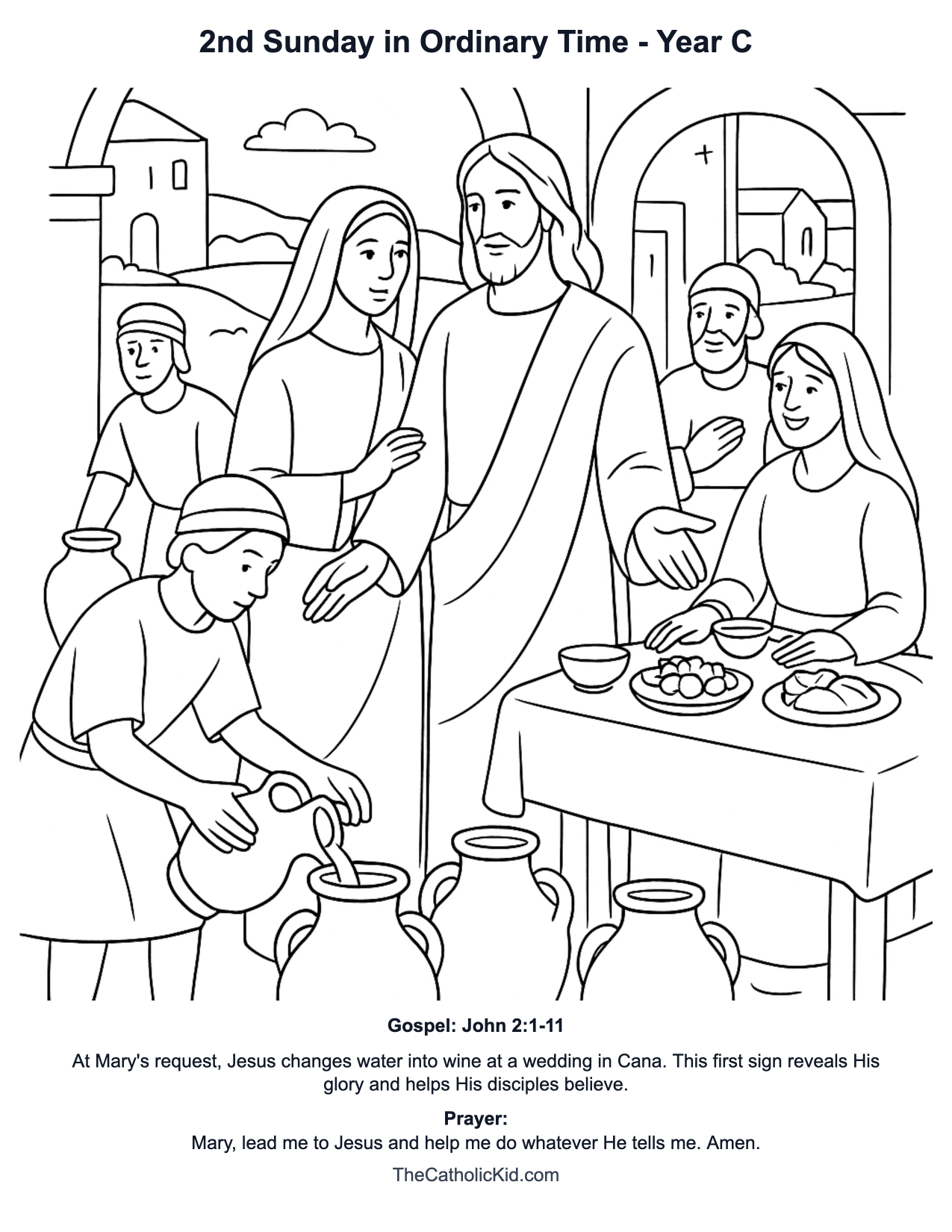 2nd Sunday in Ordinary Time Year C Catholic Lectionary Coloring Page based on John 2:1-11