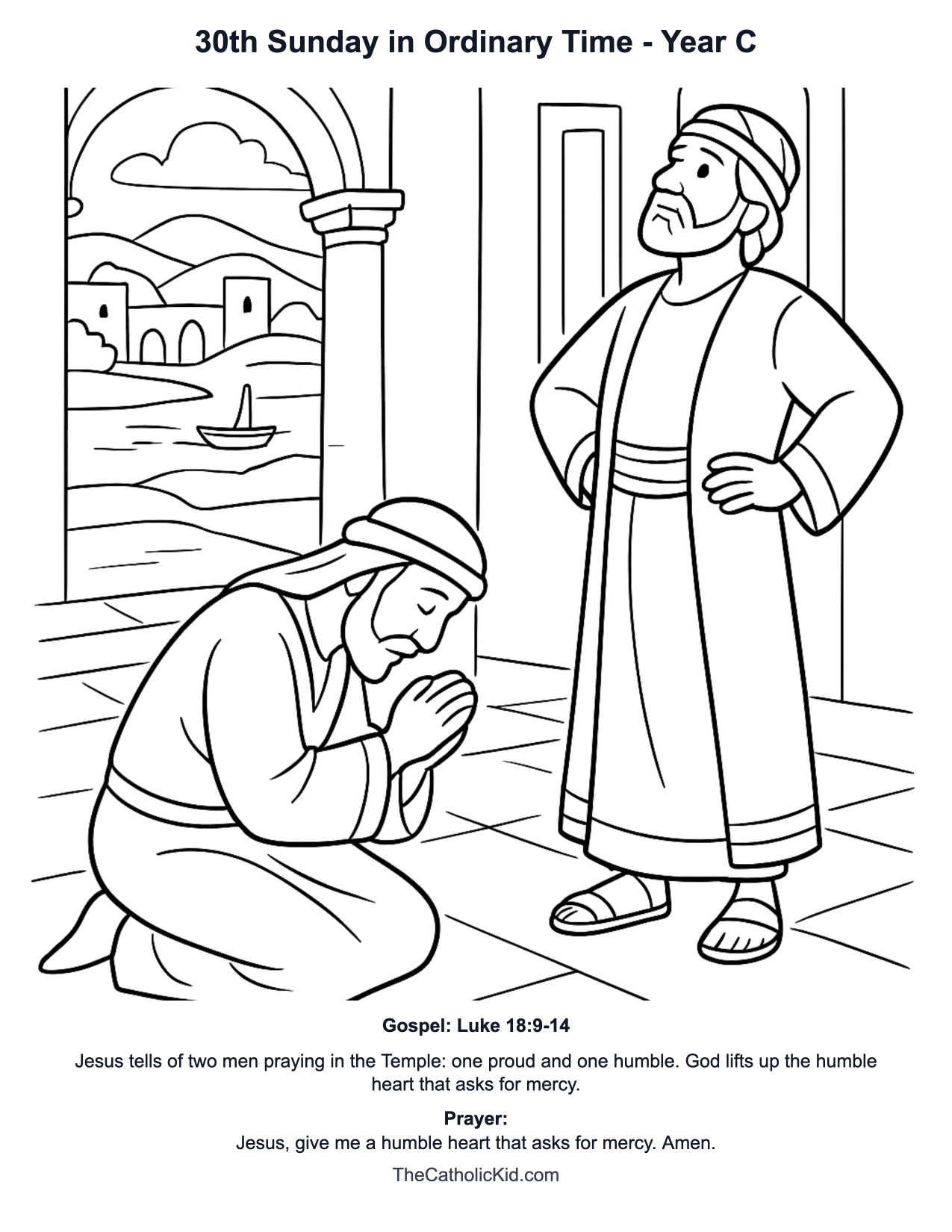 30th Sunday in Ordinary Time Year C Catholic Lectionary Coloring Page based on Luke 18:9-14