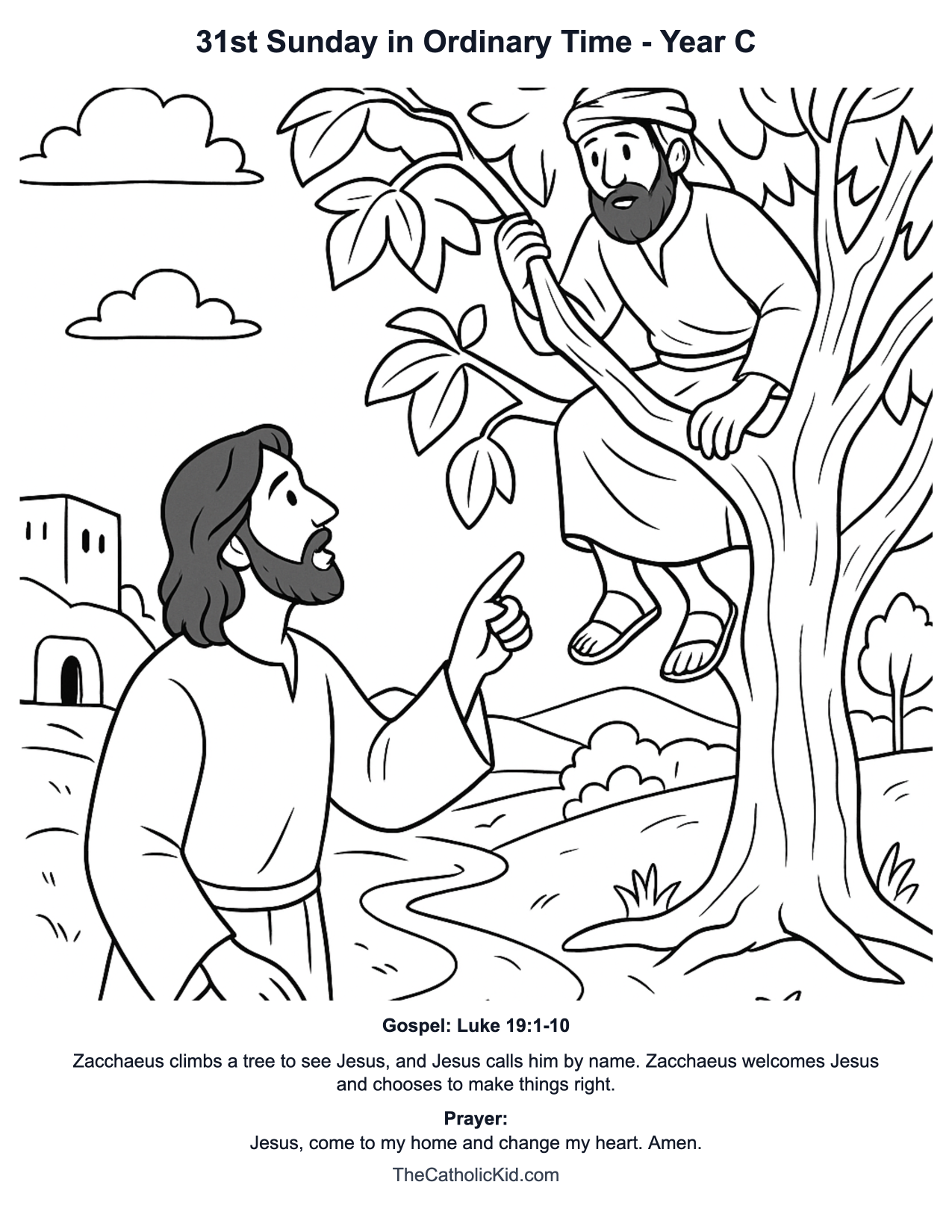 31st Sunday in Ordinary Time Year C Catholic Lectionary Coloring Page based on Luke 19:1-10