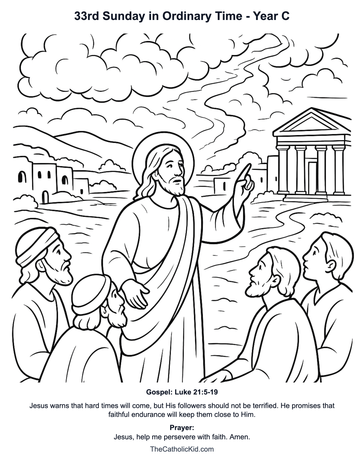 33rd Sunday in Ordinary Time Year C Catholic Lectionary Coloring Page based on Luke 21:5-19