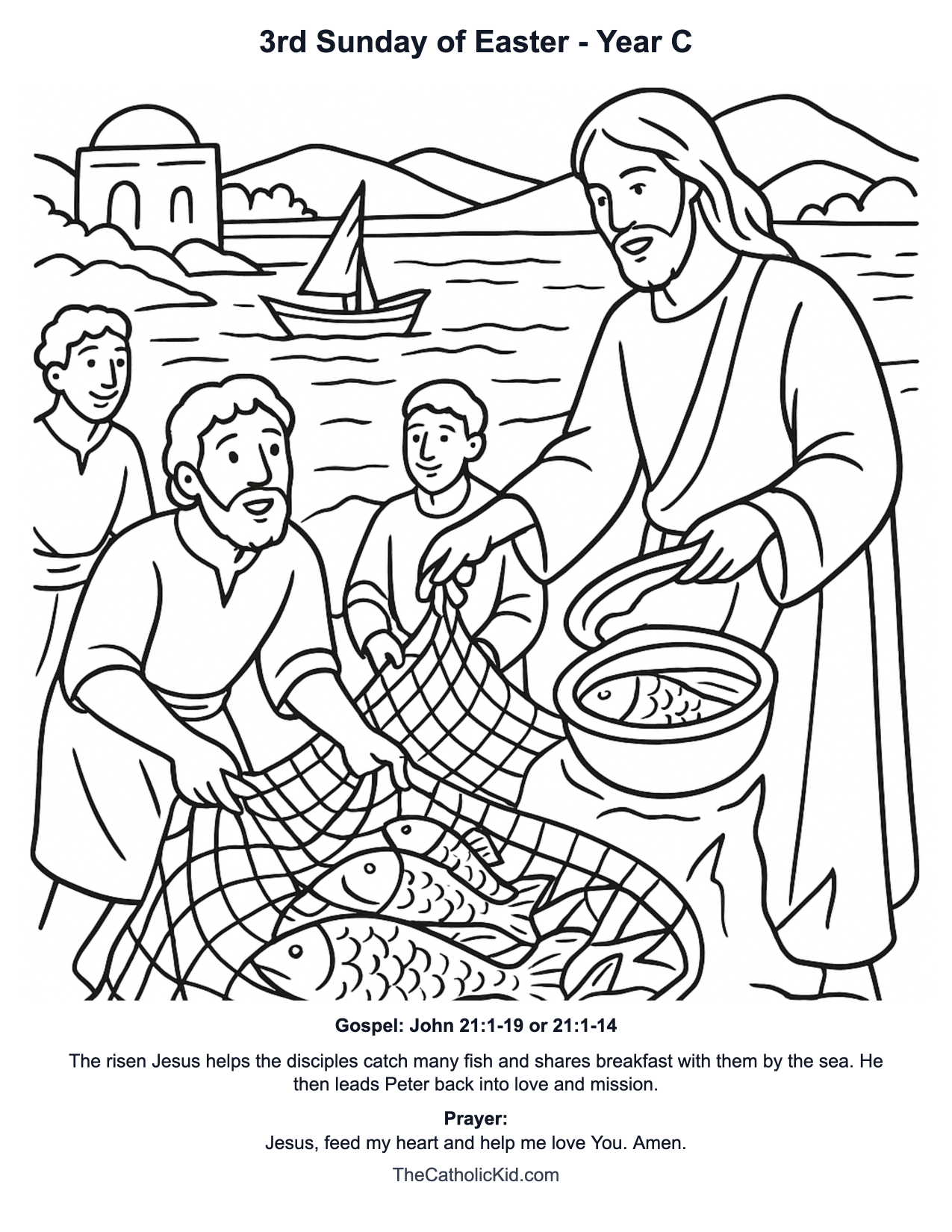 3rd Sunday of Easter Year C Catholic Lectionary Coloring Page based on John 21:1-19
