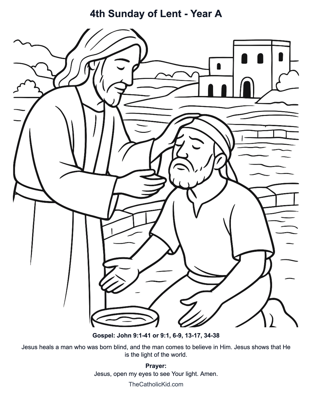 4th Sunday of Lent Year A Catholic Lectionary Coloring Page based on John 9:1-41