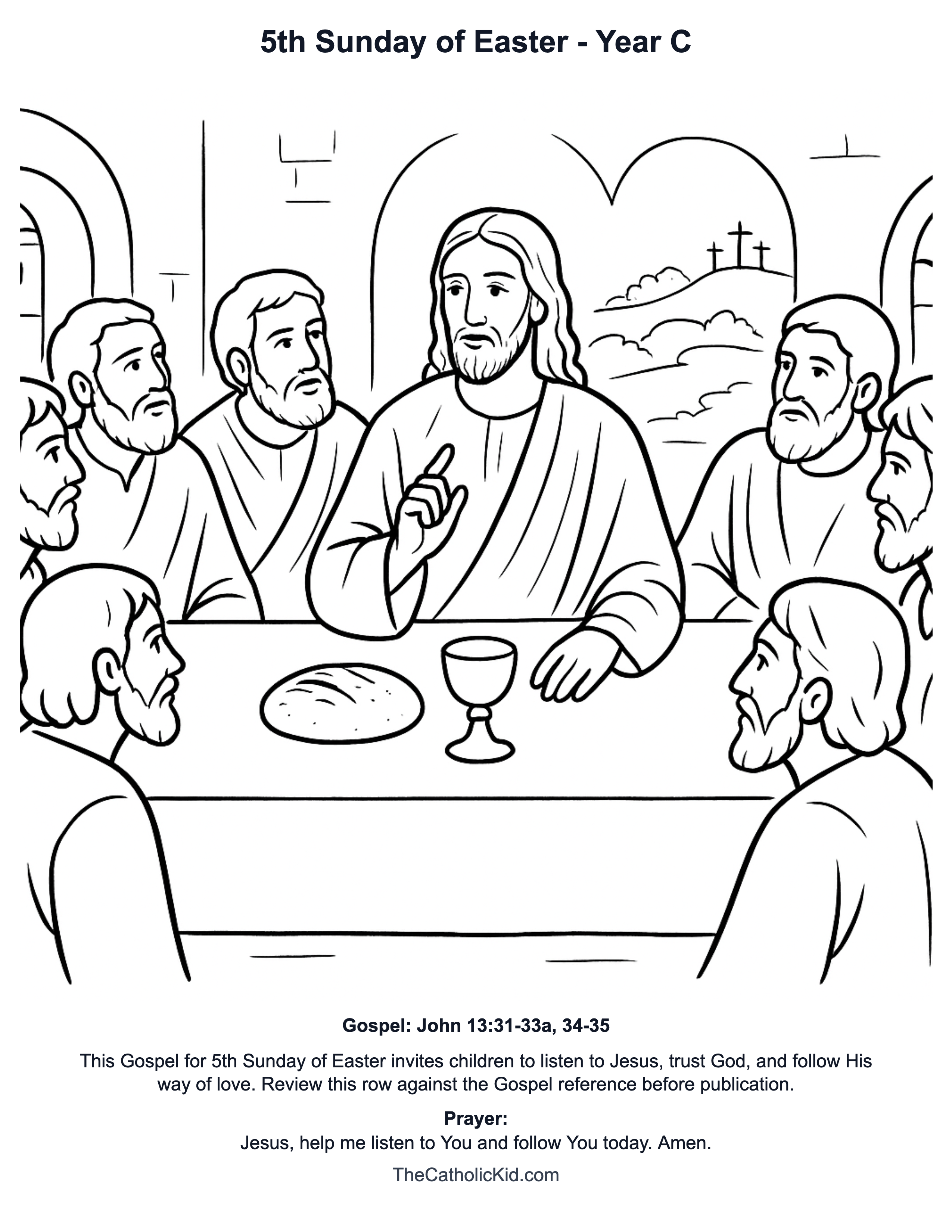 5th Sunday of Easter Year C Catholic Lectionary Coloring Page based on John 13:31-33a, 34-35