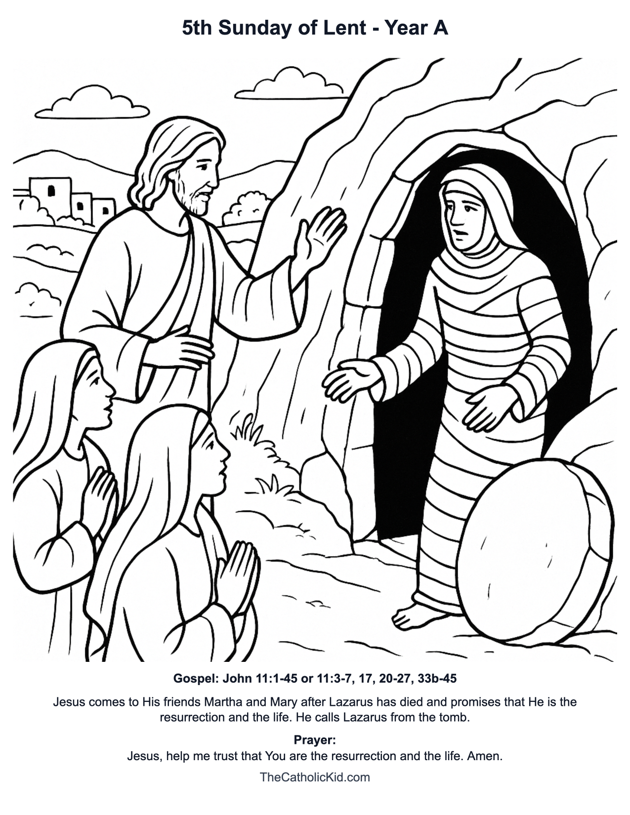 5th Sunday of Lent Year A Catholic Lectionary Coloring Page based on John 11:1-45