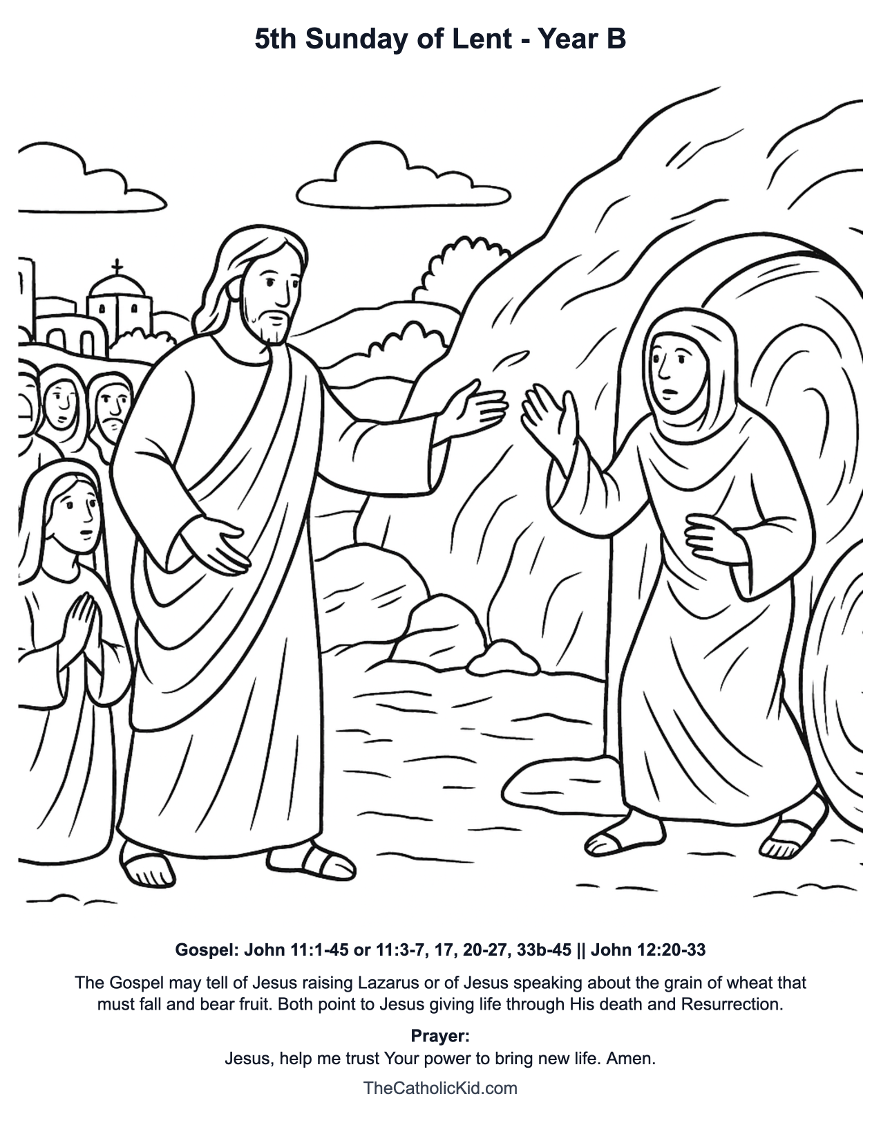 5th Sunday of Lent Year B Catholic Lectionary Coloring Page based on John 11:1-45