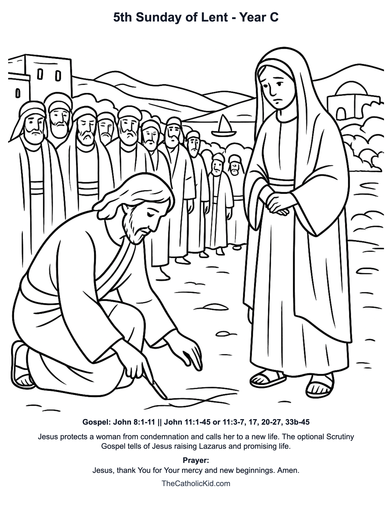 5th Sunday of Lent Year C Catholic Lectionary Coloring Page based on John 8:1-11
