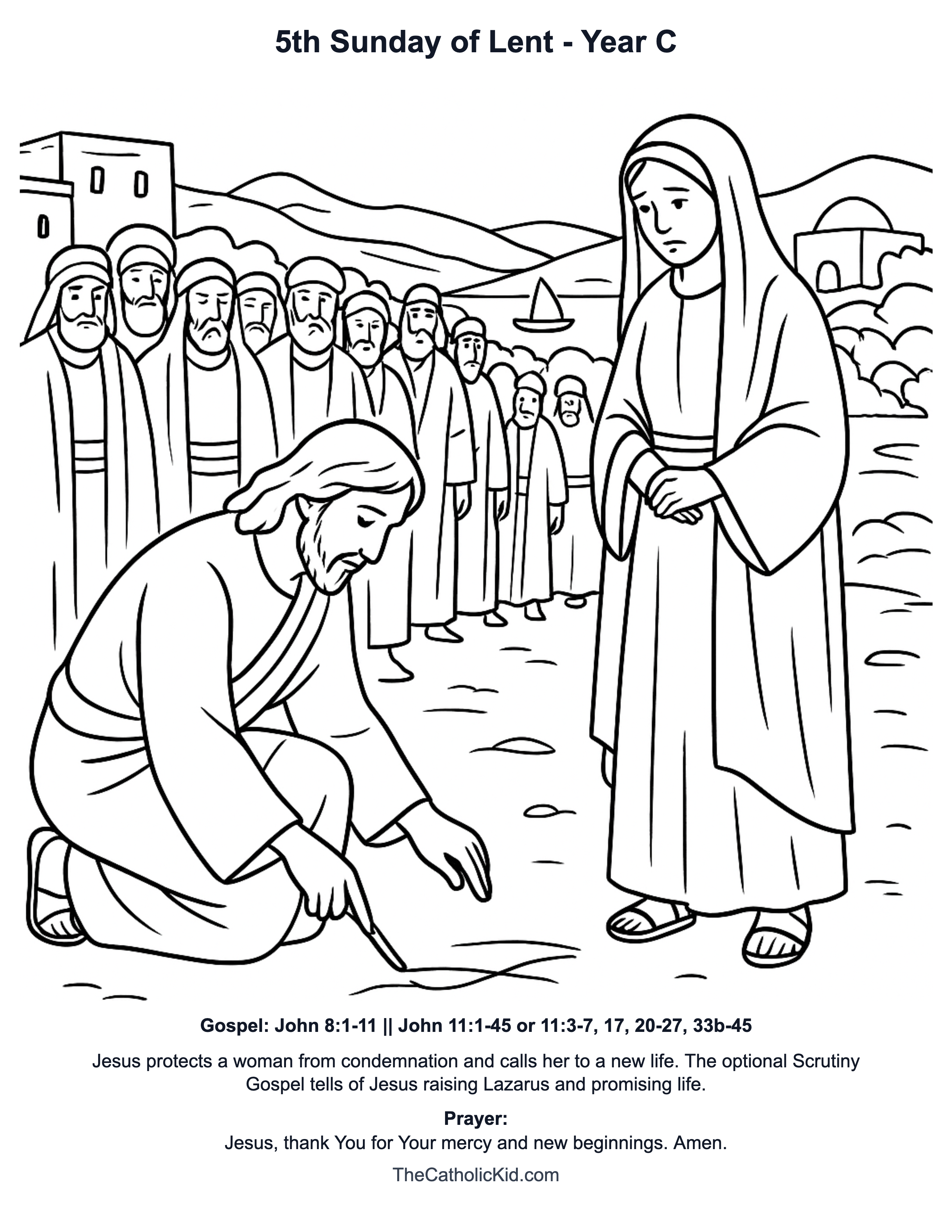 5th Sunday of Lent Year C Catholic Lectionary Coloring Page based on John 8:1-11