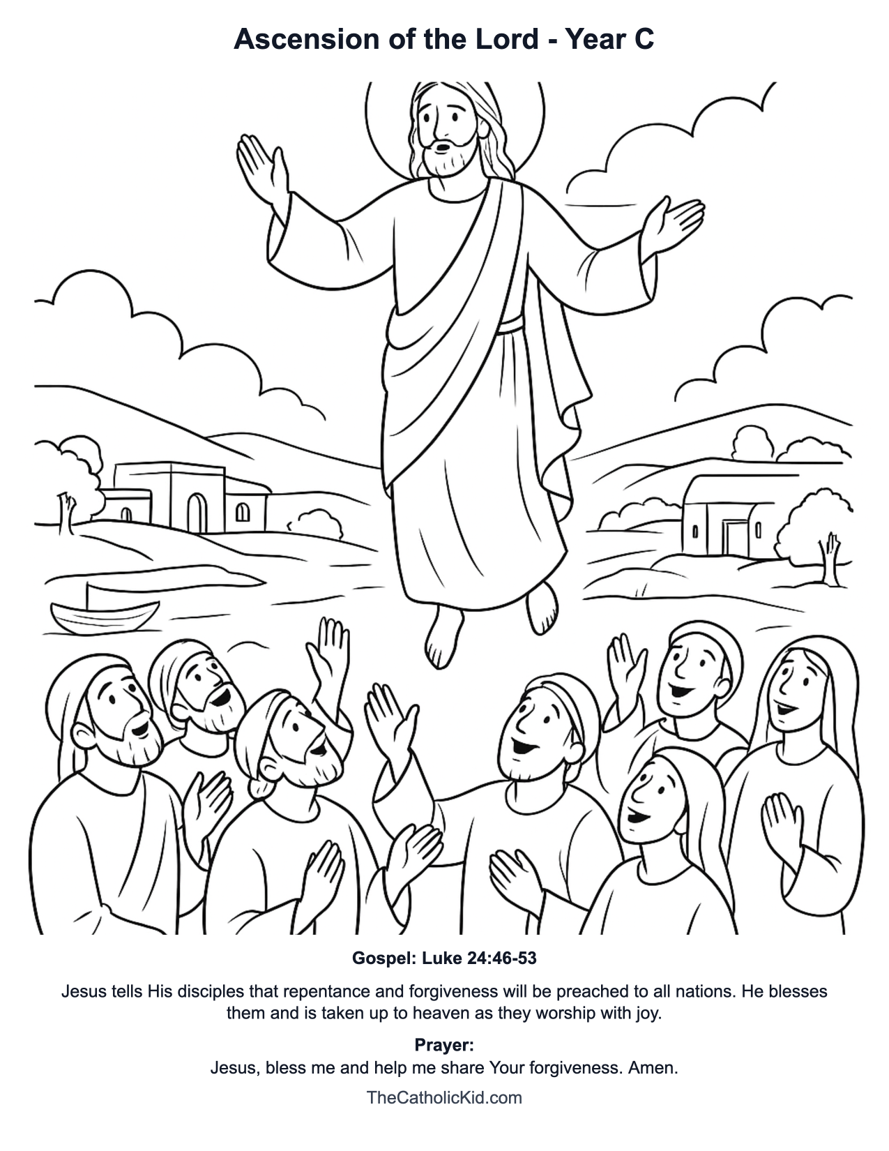 Ascension of the Lord Year C Catholic Lectionary Coloring Page based on Luke 24:46-53
