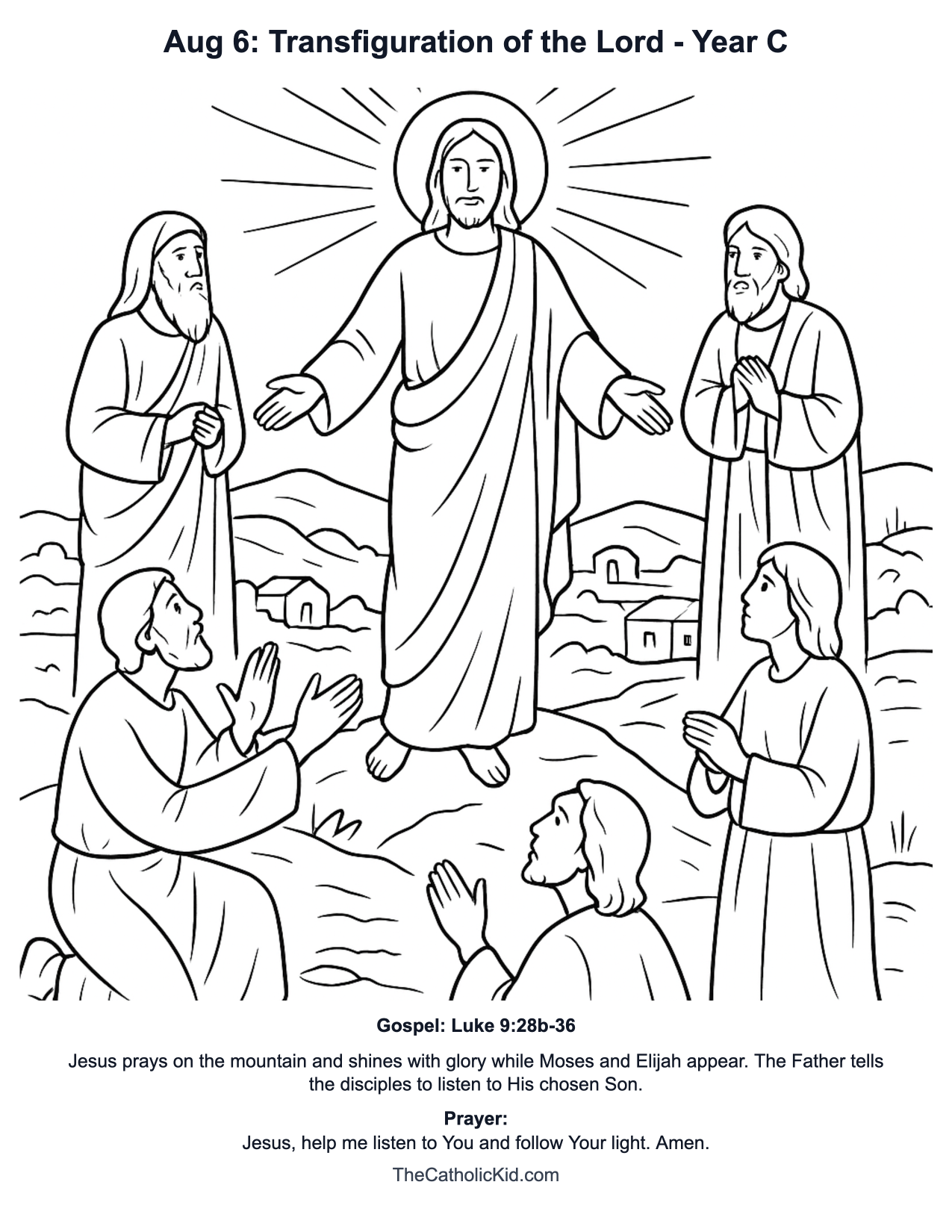 Aug 6: Transfiguration of the Lord Year C Catholic Lectionary Coloring Page based on Luke 9:28b-36