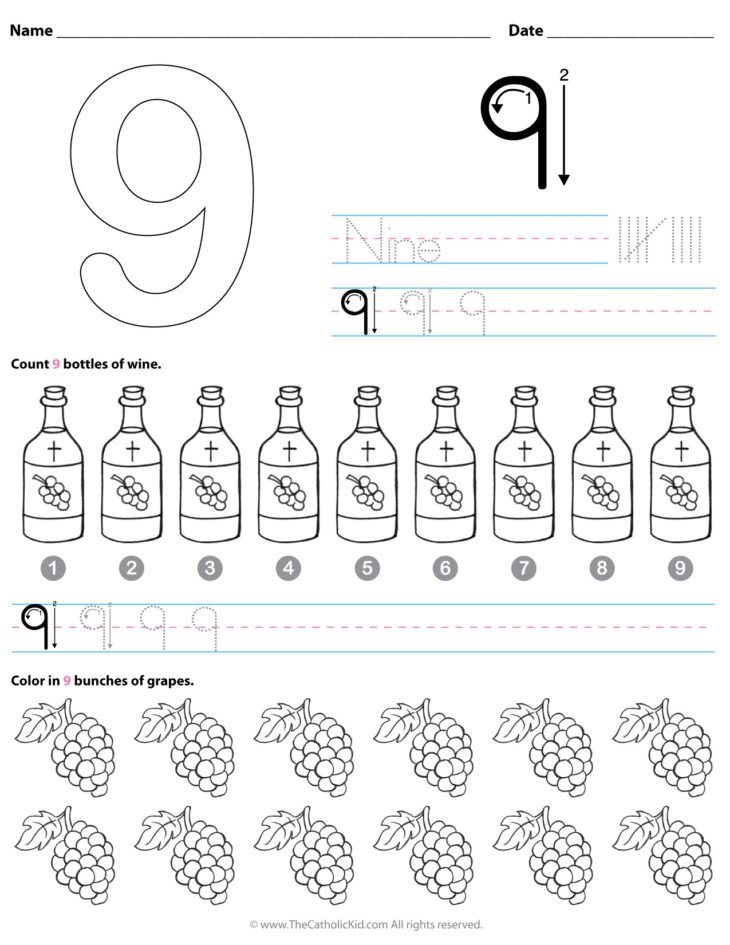 Catholic Number 9 Worksheet Preschool Kindergarten Coloring Page ...