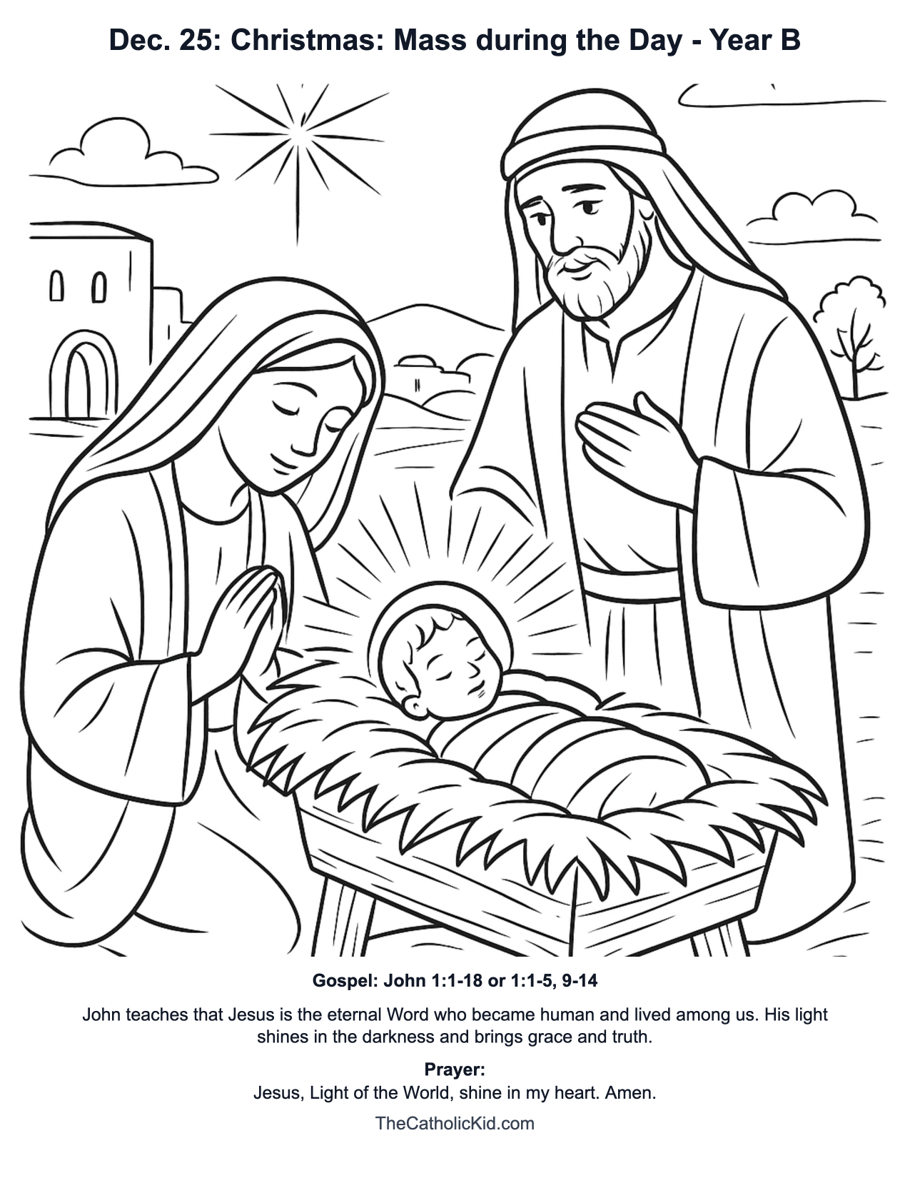 Dec. 25: Christmas: Mass during the Day Year B Catholic Lectionary Coloring Page based on John 1:1-18