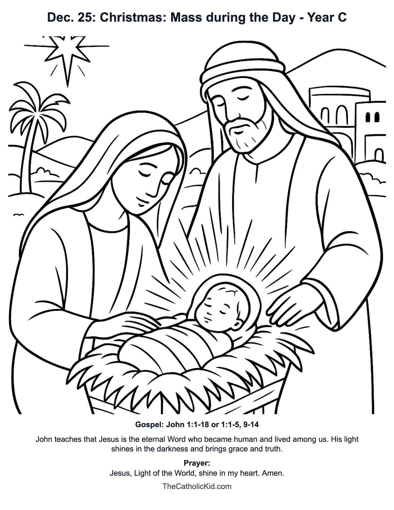 Dec. 25: Christmas: Mass during the Day Year C Catholic Lectionary Coloring Page based on John 1:1-18