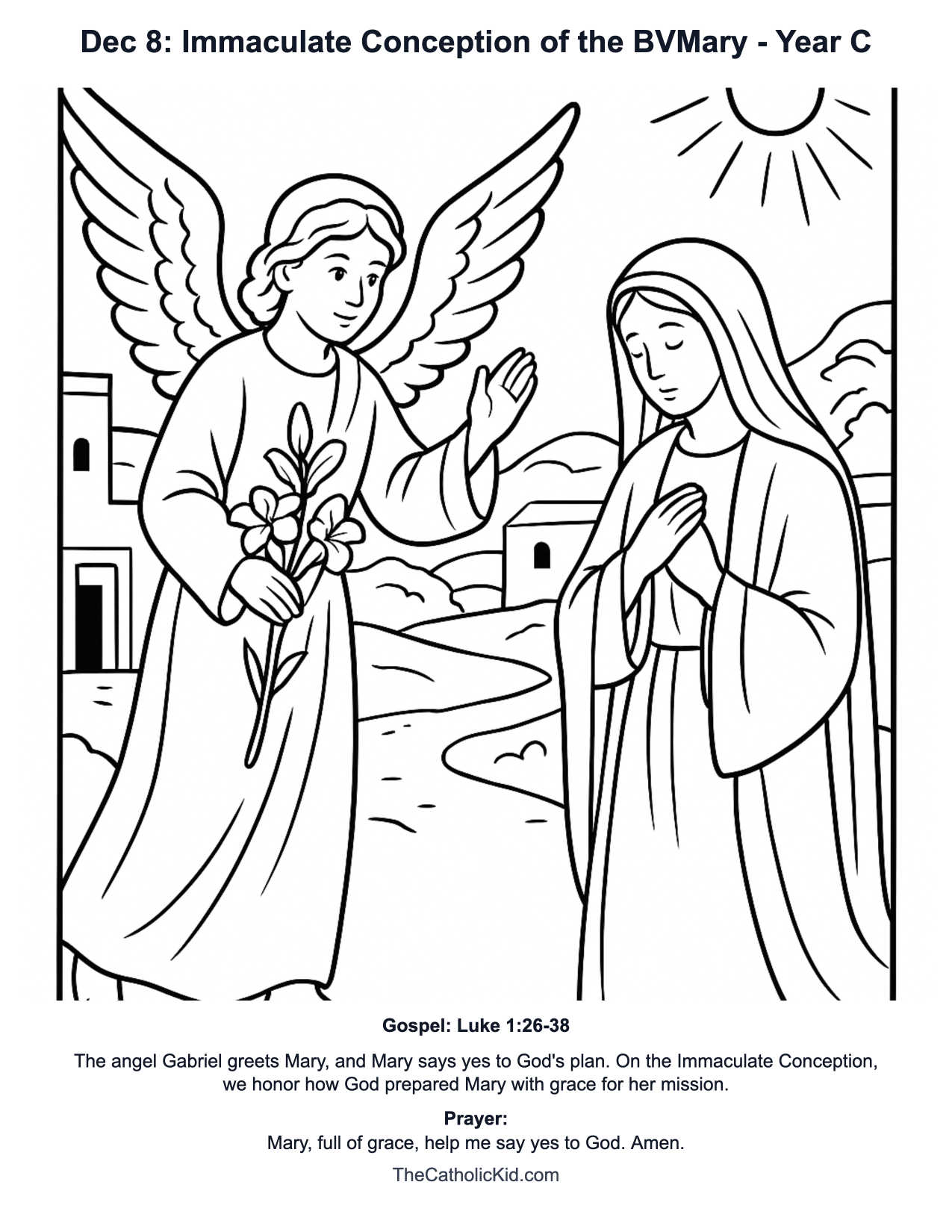 Dec 8: Immaculate Conception of the BVMary Year C Catholic Lectionary Coloring Page based on Luke 1:26-38