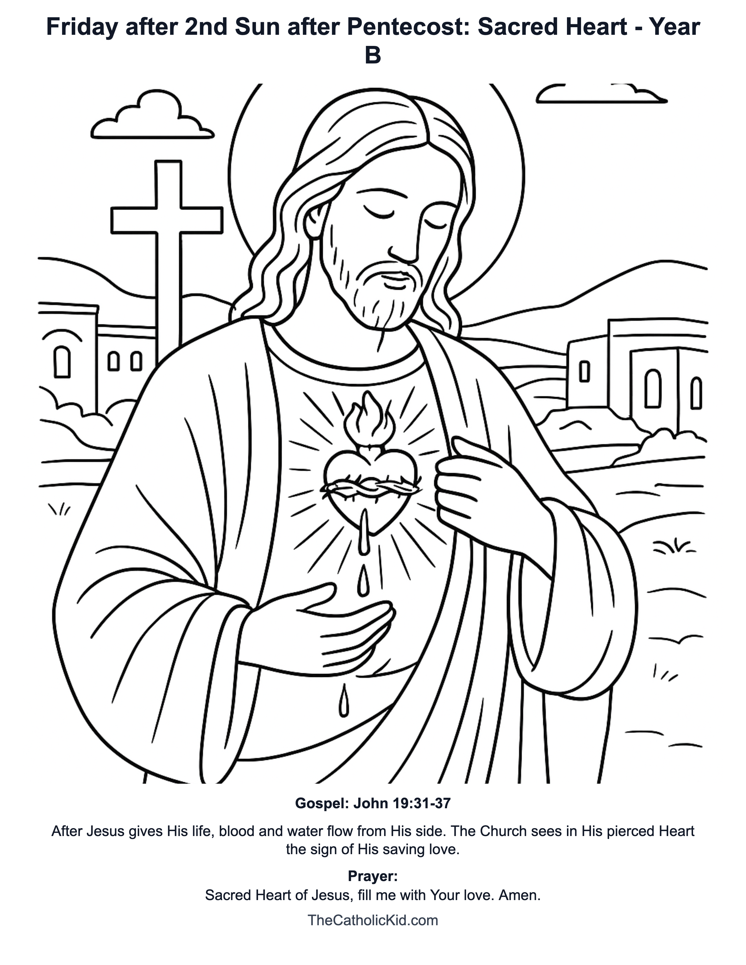 Friday after 2nd Sun after Pentecost: Sacred Heart Year B Catholic Lectionary Coloring Page based on John 19:31-37