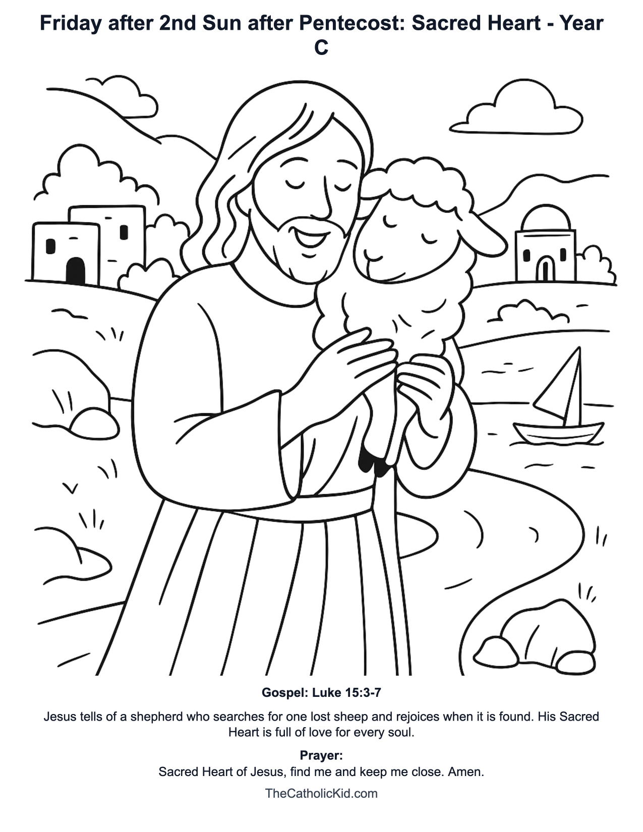Friday after 2nd Sun after Pentecost: Sacred Heart Year C Catholic Lectionary Coloring Page based on Luke 15:3-7