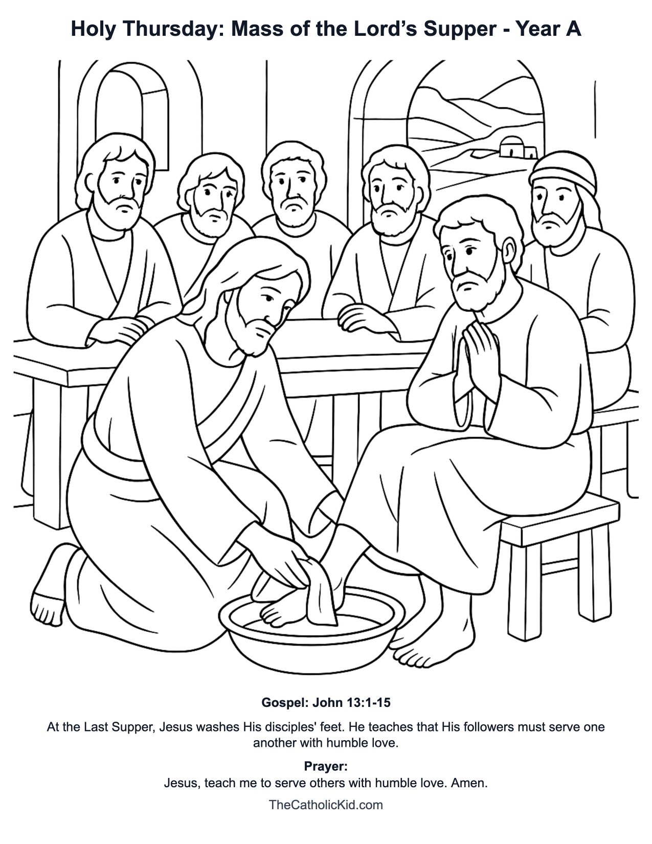 Holy Thursday: Mass of the Lord’s Supper Year A Catholic Lectionary Coloring Page based on John 13:1-15