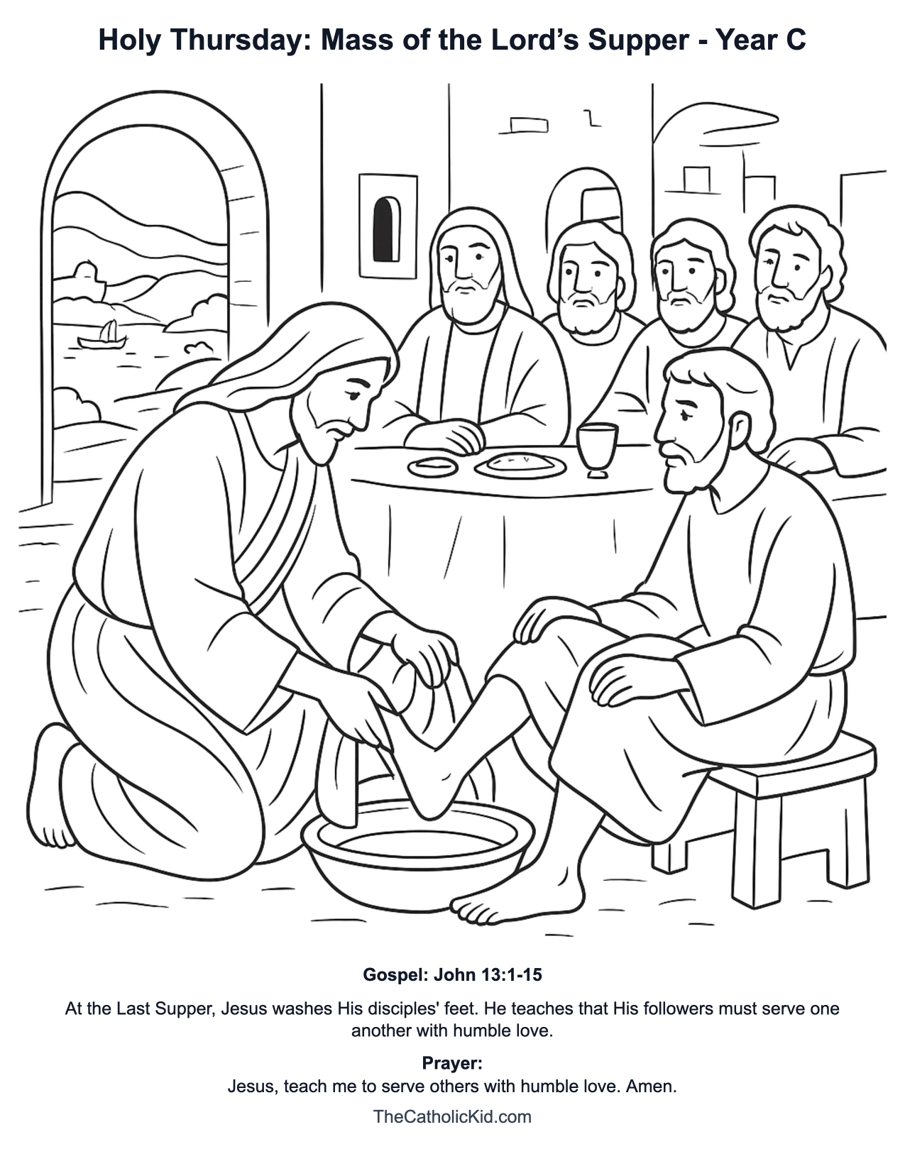 Holy Thursday: Mass of the Lord’s Supper Year C Catholic Lectionary Coloring Page based on John 13:1-15