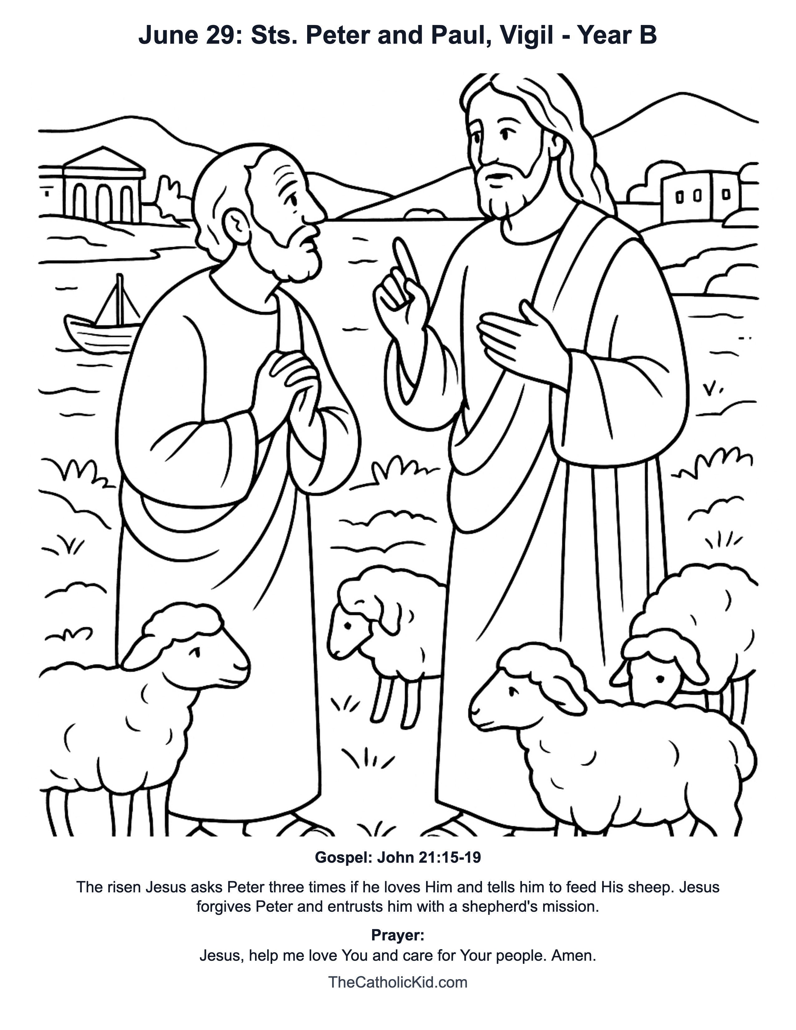June 29: Sts. Peter and Paul, Vigil Year B Catholic Lectionary Coloring Page based on John 21:15-19