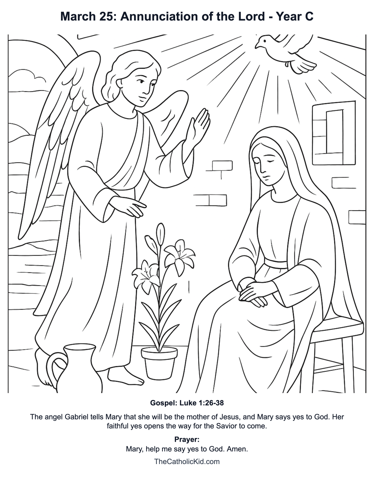 March 25: Annunciation of the Lord Year C Catholic Lectionary Coloring Page based on Luke 1:26-38