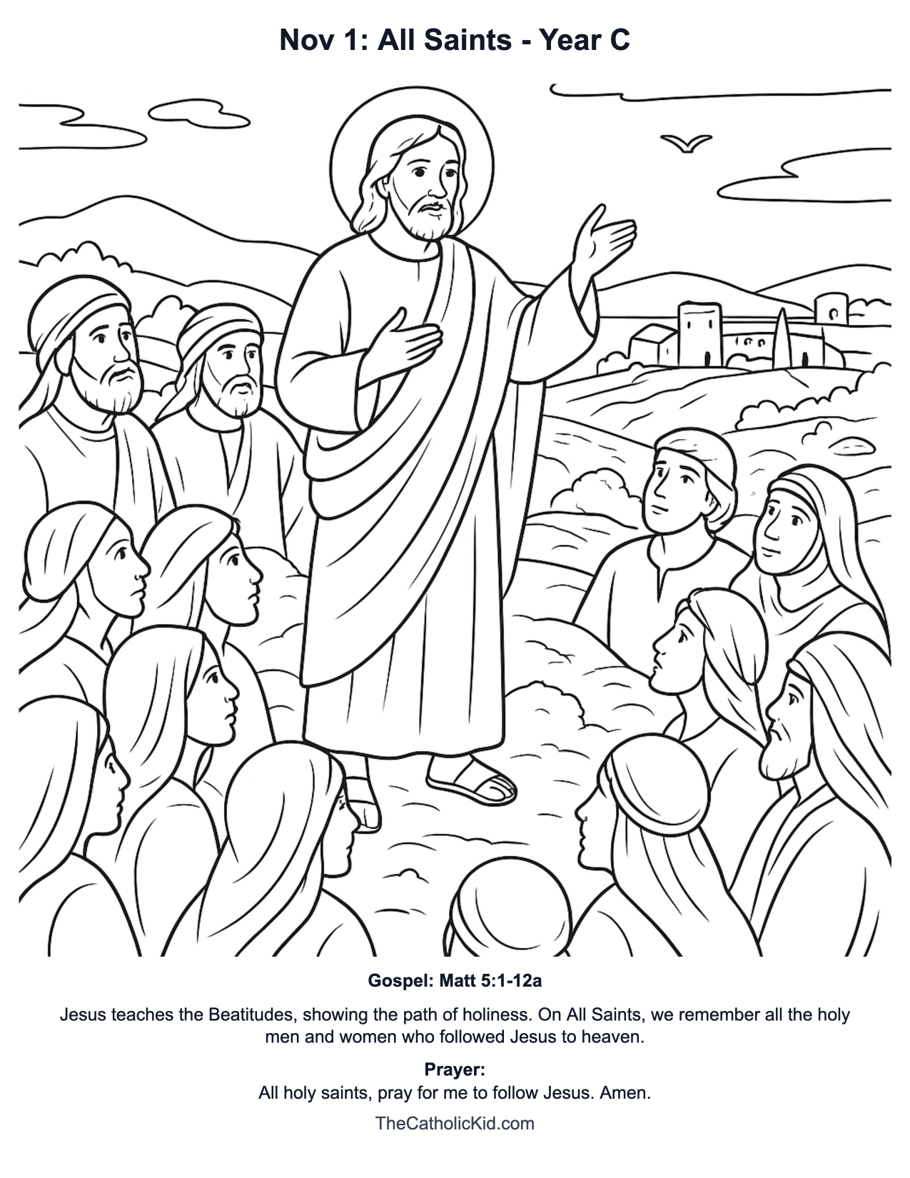 Nov 1: All Saints Year C Catholic Lectionary Coloring Page based on Matt 5:1-12a