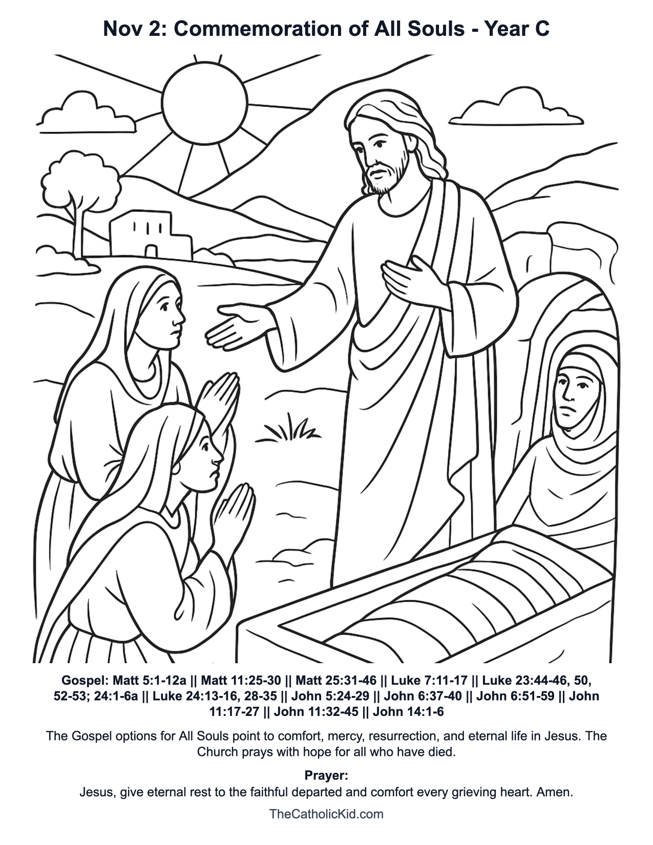 Nov 2: Commemoration of All Souls Year C Catholic Lectionary Coloring Page based on Matt 5:1-12a