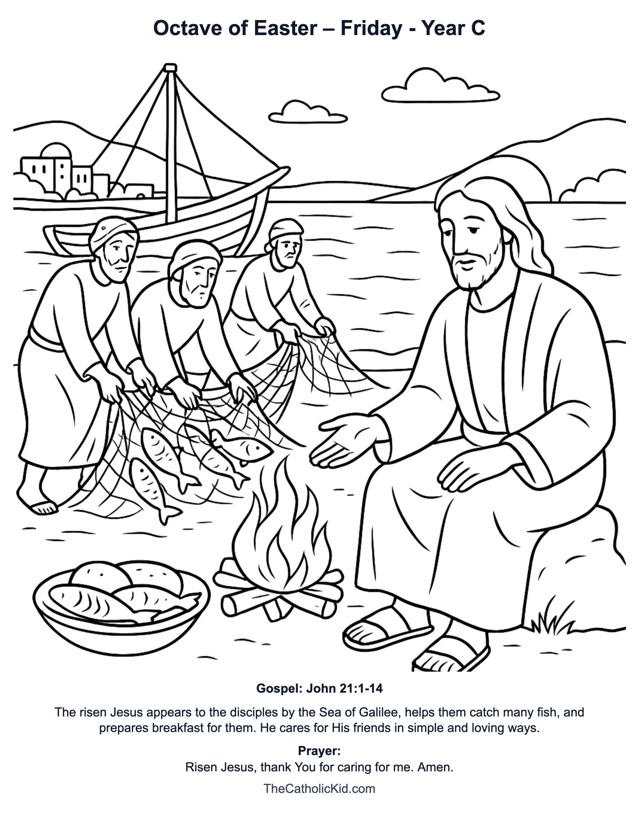 Octave of Easter – Friday Year C Catholic Lectionary Coloring Page based on John 21:1-14