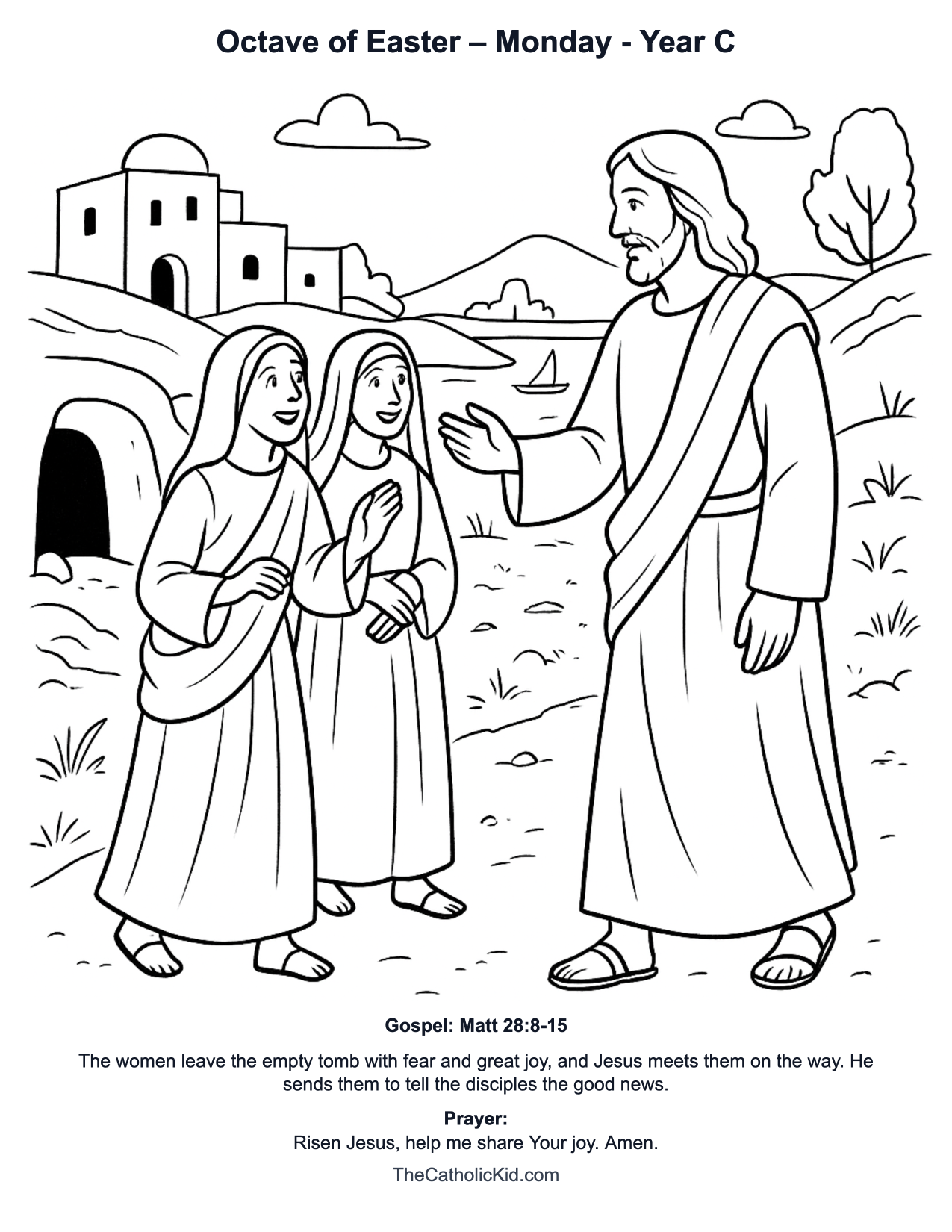 Octave of Easter – Monday Year C Catholic Lectionary Coloring Page based on Matt 28:8-15