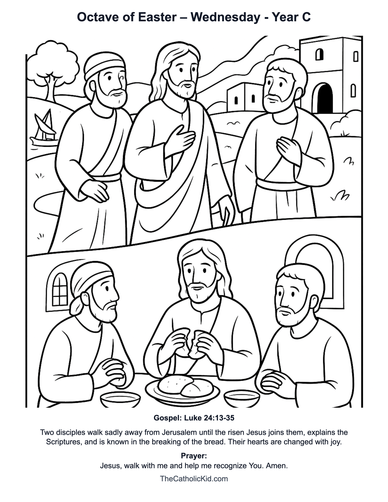 Octave of Easter – Wednesday Year C Catholic Lectionary Coloring Page based on Luke 24:13-35