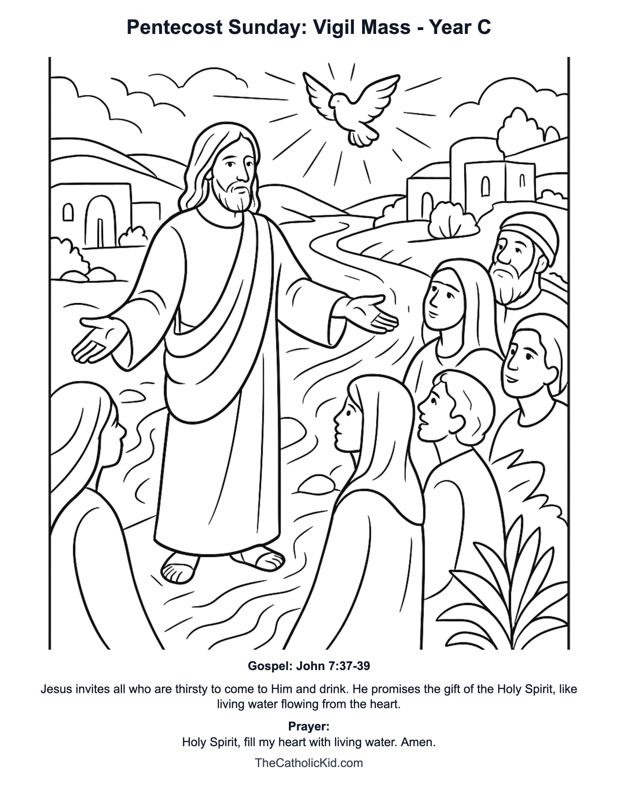 Pentecost Sunday: Vigil Mass Year C Catholic Lectionary Coloring Page based on John 7:37-39