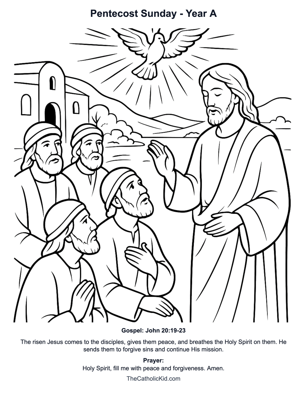 Pentecost Sunday Year A Catholic Lectionary Coloring Page based on John 20:19-23
