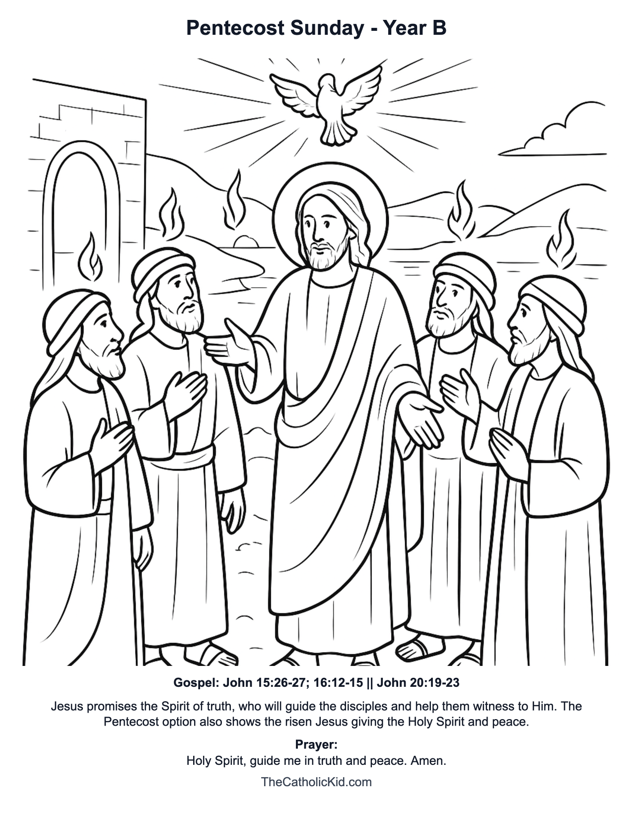 Pentecost Sunday Year B Catholic Lectionary Coloring Page based on John 15:26-27; 16:12-15