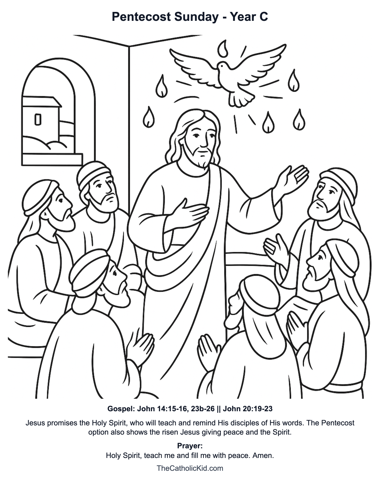 Pentecost Sunday Year C Catholic Lectionary Coloring Page based on John 14:15-16