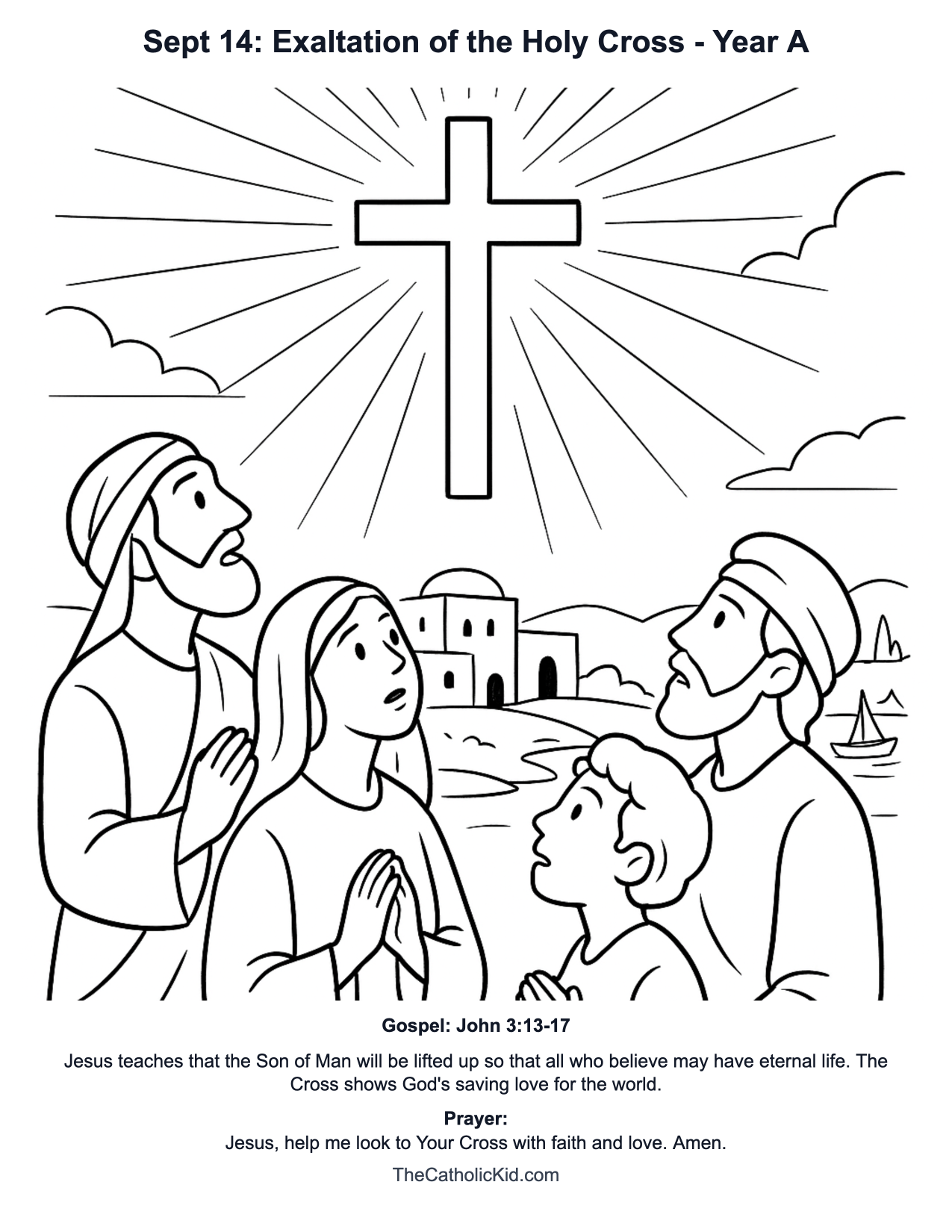 Sept 14: Exaltation of the Holy Cross Year A Catholic Lectionary Coloring Page based on John 3:13-17