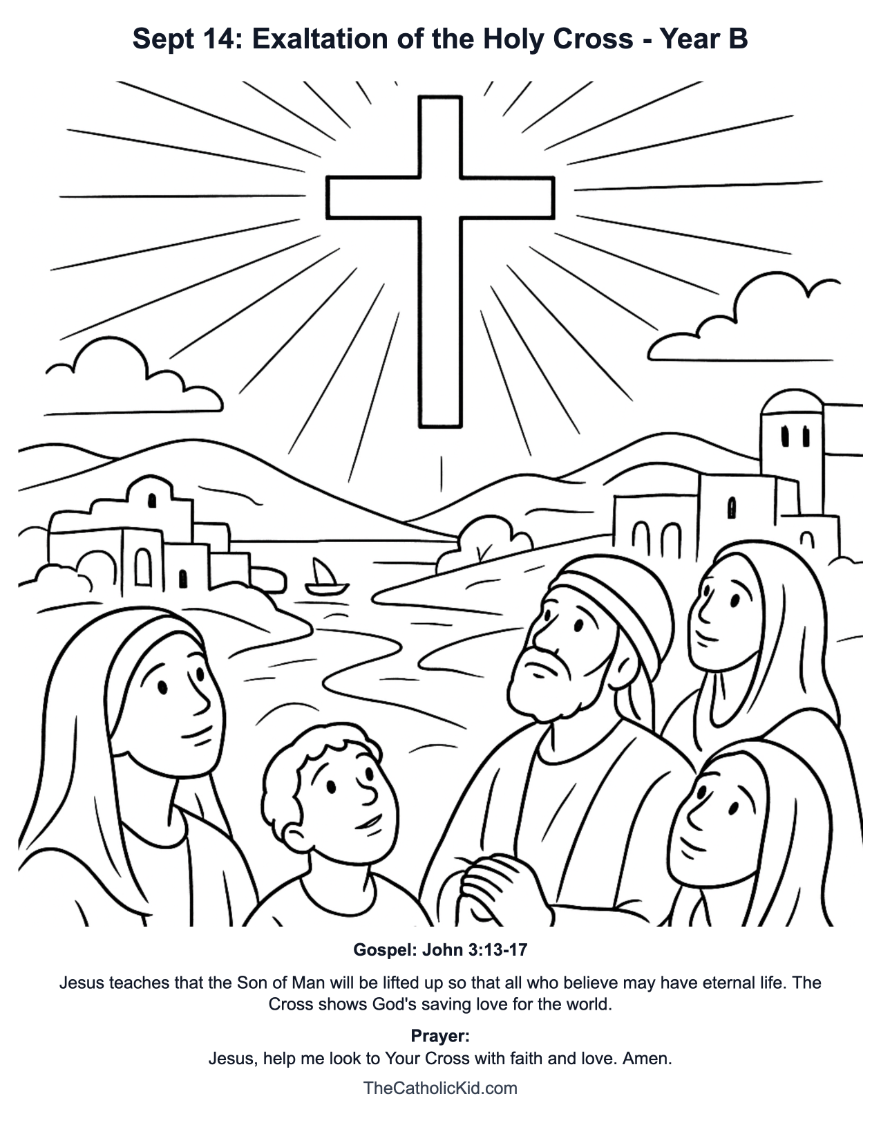 Sept 14: Exaltation of the Holy Cross Year B Catholic Lectionary Coloring Page based on John 3:13-17