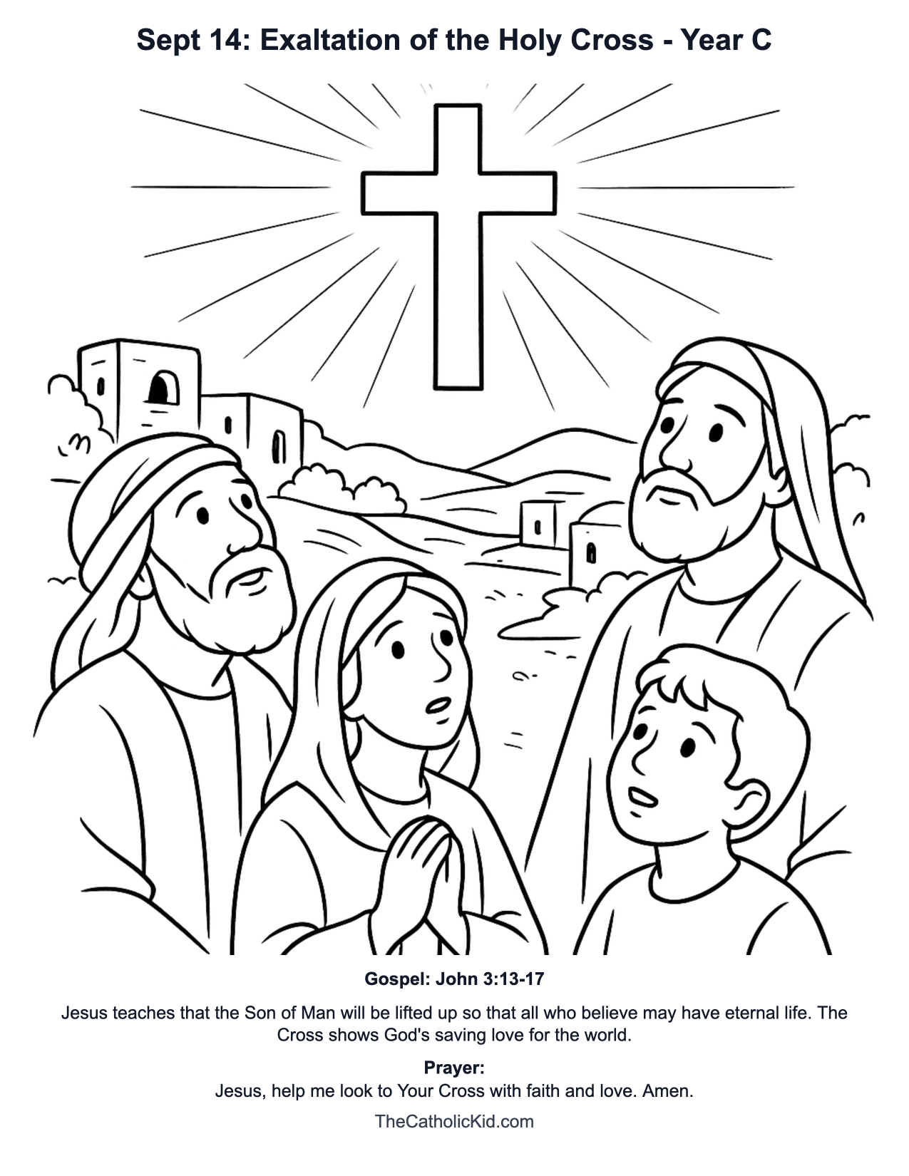 Sept 14: Exaltation of the Holy Cross Year C Catholic Lectionary Coloring Page based on John 3:13-17