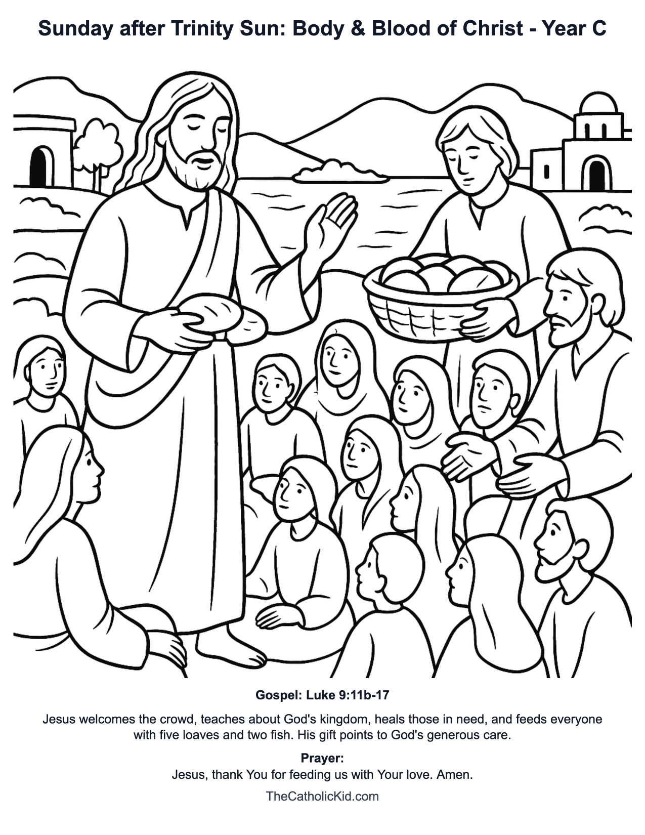Sunday after Trinity Sun: Body & Blood of Christ Year C Catholic Lectionary Coloring Page based on Luke 9:11b-17