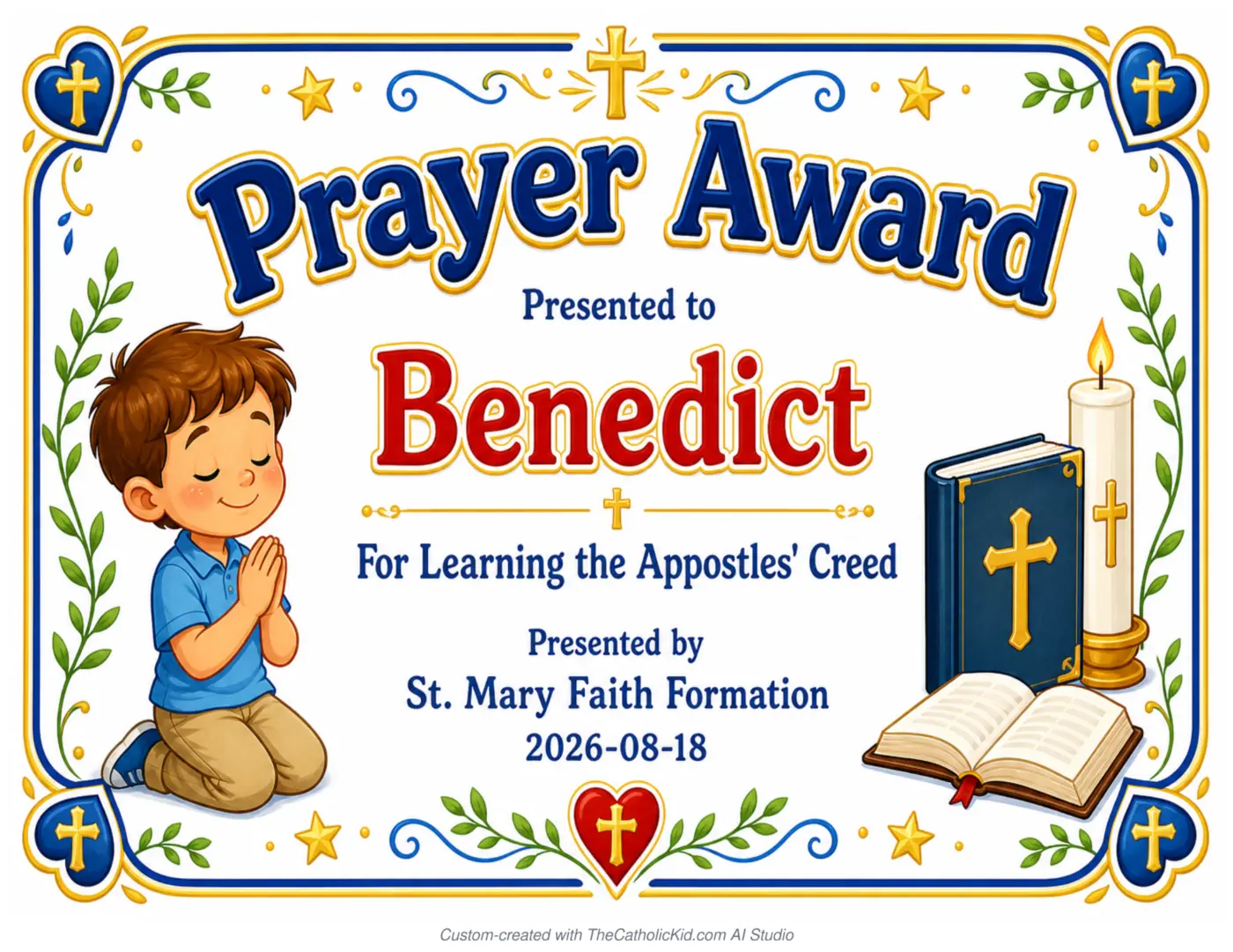 Personalized Catholic award created with The Catholic Kid AI Studio